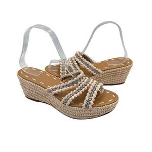 Carrie Forbes Said Raffia 3 Strap Neutral Gray Open Toe Espadrille Wedge Sandals